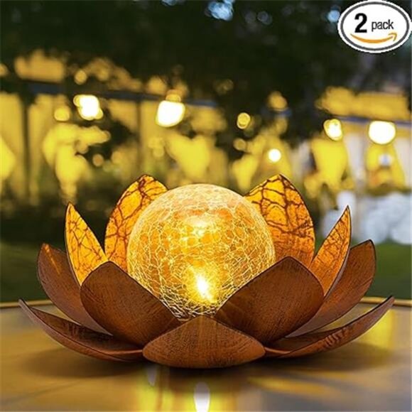 Solar Light Outdoor(2Pack), Art Crackle Globe Glass Lotus Decoration - Picture 7 of 7